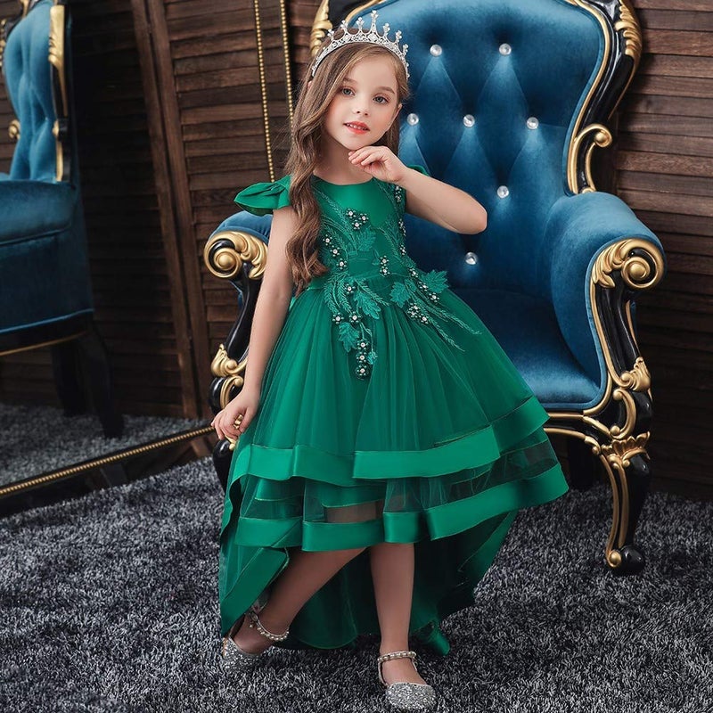 HIHCBF Little Big Girls Flower High Low Tulle Dress Princess Wedding Pageant Birthday Party Formal Evening Dance Ball Gown Deep Green 3-4T - Image 3
